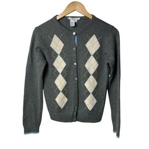 Cabi Argyle Cardigan Sweater Cashmere Angora Blend Womens M Grey White Button Up